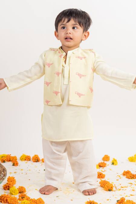 MR Brat_Green Chanderi Silk, Cotton, Muslin Printed Bundi And Kurta Set _Online_at_Aza_Fashions