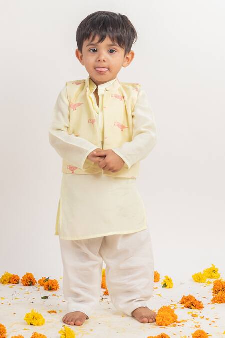 Shop_MR Brat_Green Chanderi Silk, Cotton, Muslin Printed Bundi And Kurta Set _Online_at_Aza_Fashions