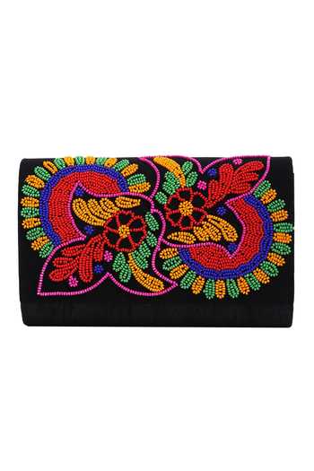 The Purple Sack_Black Beads Embroidered Flap Clutch With Sling _Online_at_Aza_Fashions