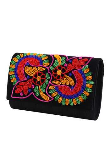 Buy_The Purple Sack_Black Beads Embroidered Flap Clutch With Sling _Online_at_Aza_Fashions