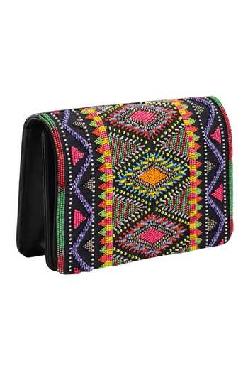 The Purple Sack_Black Beads Embroidered Flap Clutch With Sling _Online_at_Aza_Fashions