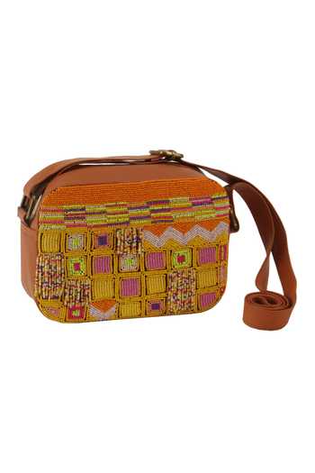 The Purple Sack_Brown Beads Embroidered Raw Silk Sling Bag _Online_at_Aza_Fashions
