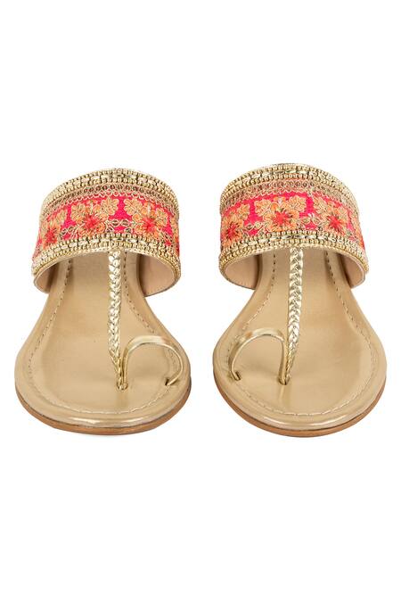 Shop Vanilla Moon Pink Embroidery Beau Kolhapuri Wedges at Aza Fashions Shop_Vanilla Moon_Pink Embroidery Beau Kolhapuri Wedges_at_Aza_Fashions