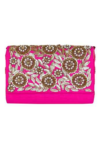 The Purple Sack_Pink Embroidery Flap Clutch With Sling _Online_at_Aza_Fashions