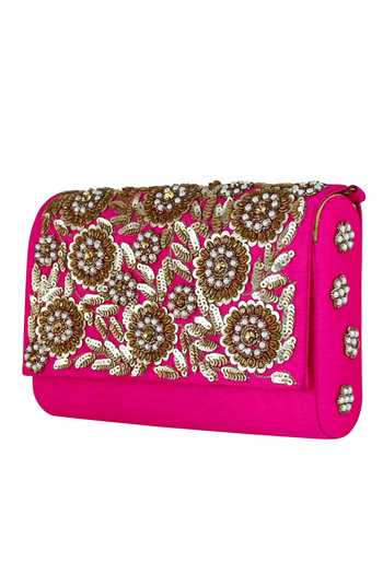 Buy_The Purple Sack_Pink Embroidery Flap Clutch With Sling _Online_at_Aza_Fashions