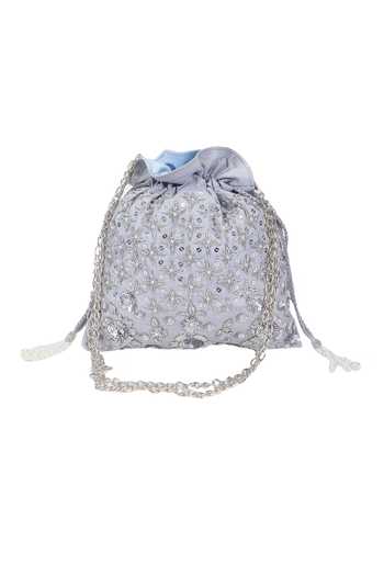 Buy_The Purple Sack_Silver Embroidery Potli Bag _Online_at_Aza_Fashions