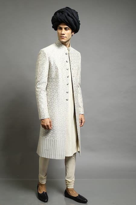 Abhishek Gupta_Beige Chanderi Applique Embroidered Bandhgala _Online_at_Aza_Fashions