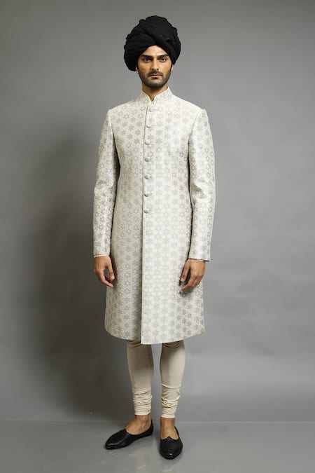 Abhishek Gupta_Beige Chanderi Applique Embroidered Bandhgala _Online_at_Aza_Fashions