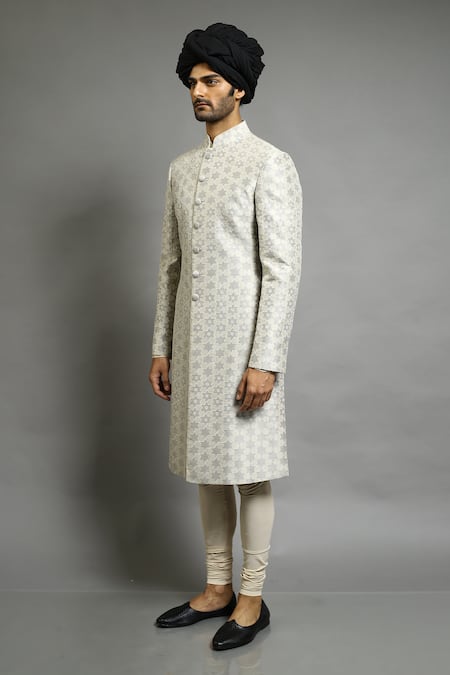 Buy_Abhishek Gupta_Beige Chanderi Applique Embroidered Bandhgala _Online_at_Aza_Fashions