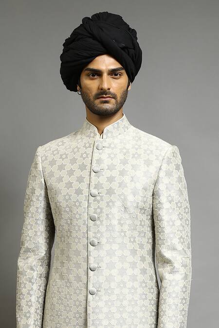 Shop_Abhishek Gupta_Beige Chanderi Applique Embroidered Bandhgala _Online_at_Aza_Fashions