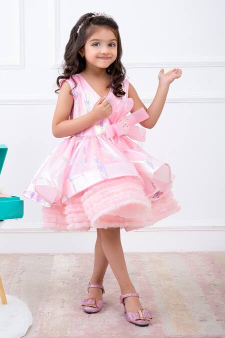 Hoity Moppet Pink Organza, Tulle Sequins, Bows Work Flared Dress Online at Aza Fashions Hoity Moppet_Pink Organza, Tulle Sequins, Bows Work Flared Dress _Online_at_Aza_Fashions