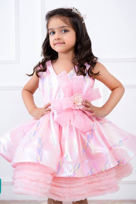 Shop Hoity Moppet Pink Organza, Tulle Sequins, Bows Work Flared Dress Online at Aza Fashions Shop_Hoity Moppet_Pink Organza, Tulle Sequins, Bows Work Flared Dress _Online_at_Aza_Fashions