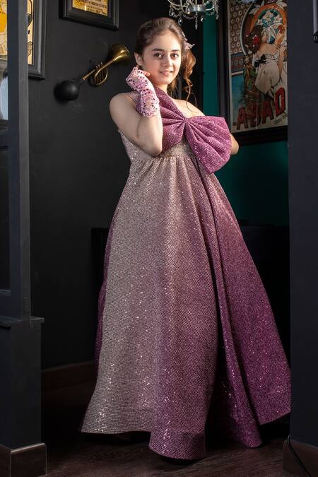 Hoity Moppet_Pink Satin Sequins Ombre One Shoulder Gown _Online_at_Aza_Fashions