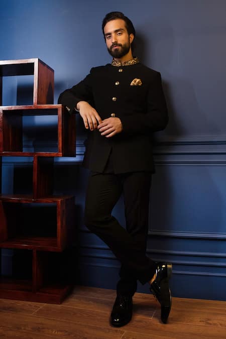 Shop_Contrast By Parth_Black Japanese Suiting Embroidered Collar Bandhgala Set _at_Aza_Fashions