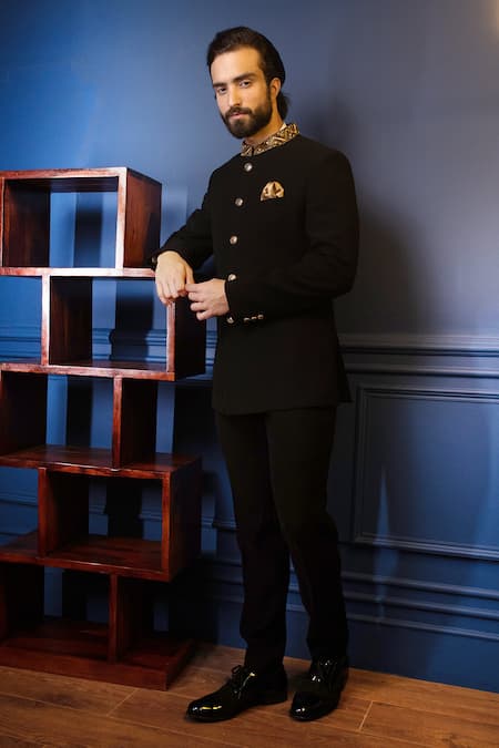 Contrast By Parth_Black Japanese Suiting Embroidered Collar Bandhgala Set _Online_at_Aza_Fashions