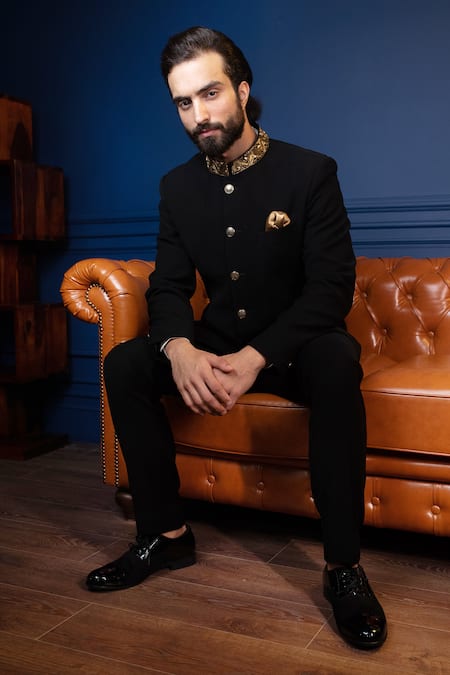 Buy_Contrast By Parth_Black Japanese Suiting Embroidered Collar Bandhgala Set _Online_at_Aza_Fashions