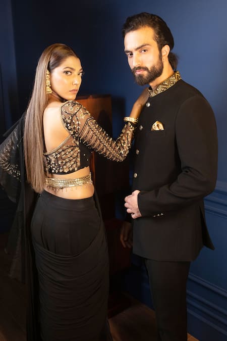 Shop_Contrast By Parth_Black Japanese Suiting Embroidered Collar Bandhgala Set _Online_at_Aza_Fashions