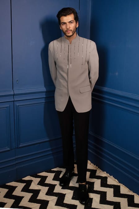 Contrast By Parth_Grey Japanese Suiting Embroidered Bandhgala Set _Online_at_Aza_Fashions