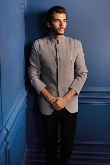 Buy_Contrast By Parth_Grey Japanese Suiting Embroidered Bandhgala Set _Online_at_Aza_Fashions