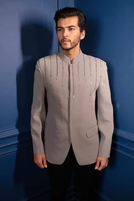 Shop_Contrast By Parth_Grey Japanese Suiting Embroidered Bandhgala Set _Online_at_Aza_Fashions