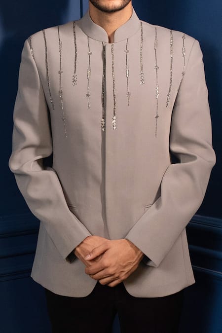 Contrast By Parth_Grey Japanese Suiting Embroidered Bandhgala Set _at_Aza_Fashions