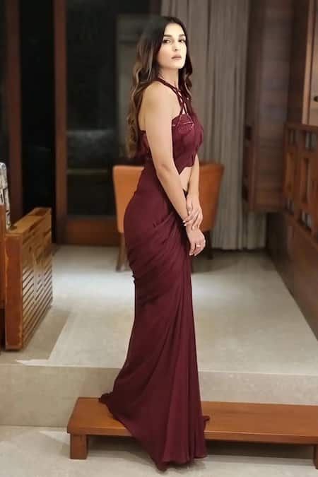 Shop_Jade By Ashima_Maroon Blouse Net Saree Georgette Halter Pre-draped With _Online_at_Aza_Fashions
