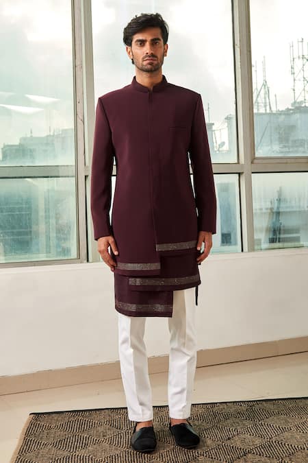 Tisa - Men Maroon Viscose Polyester Embroidered Bandhgala And Pant Set 