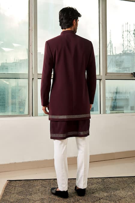 Shop_Tisa - Men_Maroon Viscose Polyester Embroidered Bandhgala And Pant Set_at_Aza_Fashions
