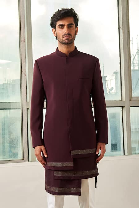 Tisa - Men_Maroon Viscose Polyester Embroidered Bandhgala And Pant Set_Online_at_Aza_Fashions