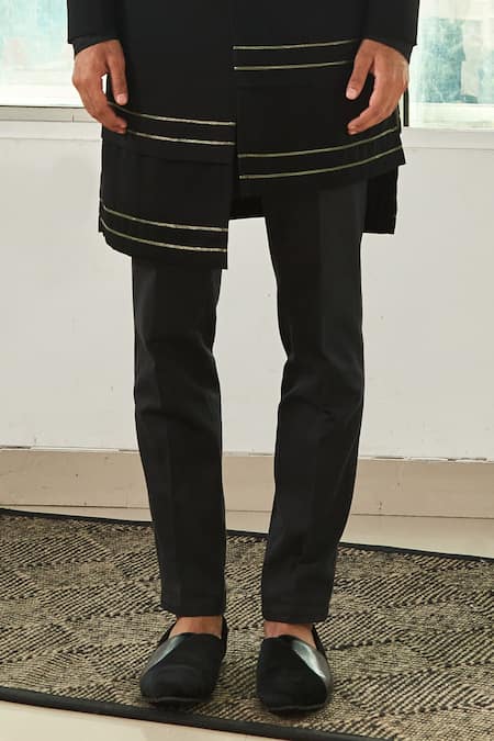 Buy_Tisa - Men_Black Viscose Polyester Asymmetric Bandhgala Set_Online_at_Aza_Fashions