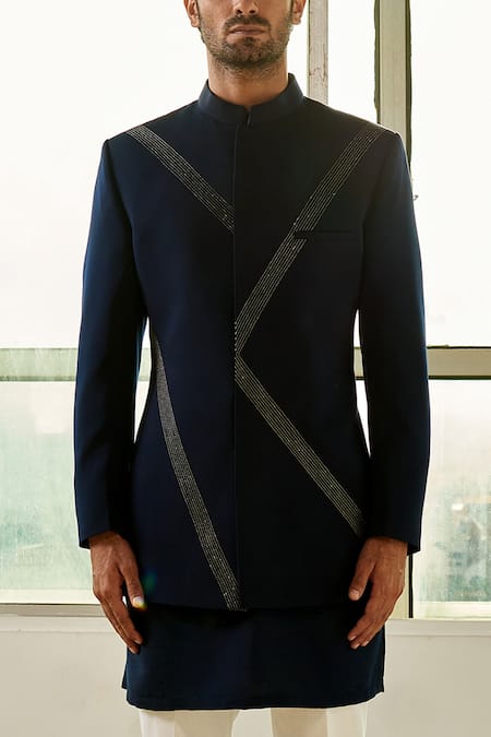 Tisa - Men_Blue Viscose Polyester Embellished Bandhgala Set_Online_at_Aza_Fashions