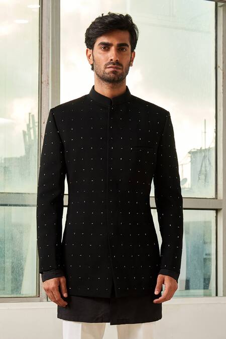 Tisa - Men_Black Viscose Polyester Embellished Bandhgala Set_Online_at_Aza_Fashions