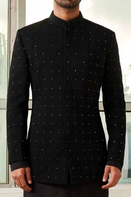 Buy_Tisa - Men_Black Viscose Polyester Embellished Bandhgala Set_Online_at_Aza_Fashions
