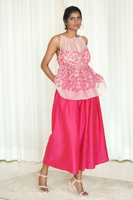 Shiori_Pink Cotton Silk Pleated Flared Culottes_Online_at_Aza_Fashions