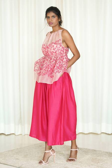 Shop_Shiori_Pink Cotton Silk Pleated Flared Culottes_Online_at_Aza_Fashions