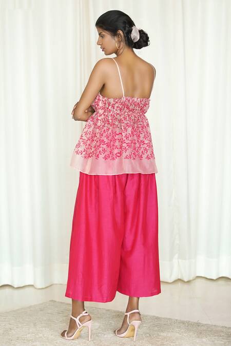 Shiori_Pink Cotton Silk Pleated Flared Culottes_at_Aza_Fashions