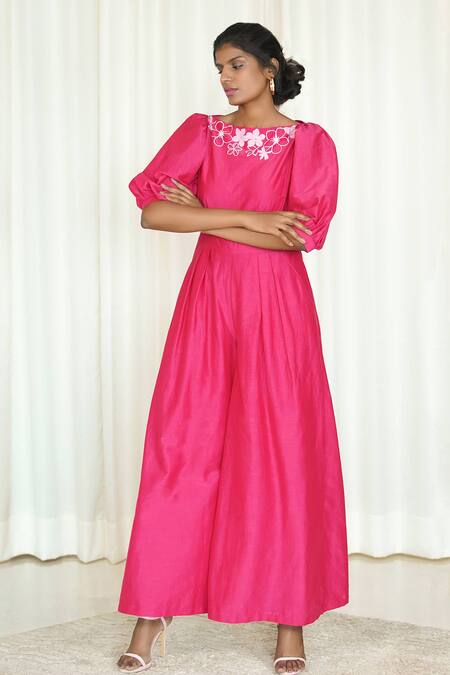 Shop_Shiori_Pink Cotton Silk Round Flared Printed Jumpsuit_Online_at_Aza_Fashions