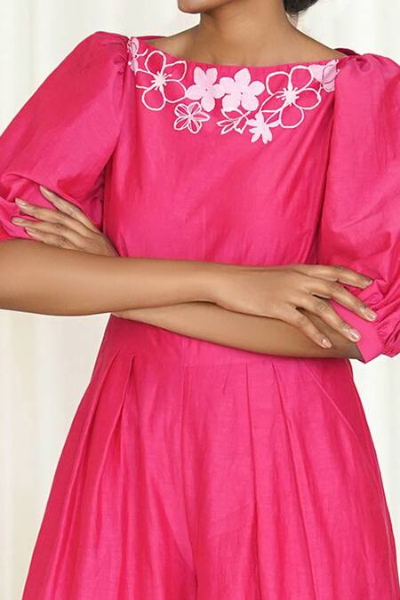 Shiori_Pink Cotton Silk Round Flared Printed Jumpsuit_at_Aza_Fashions