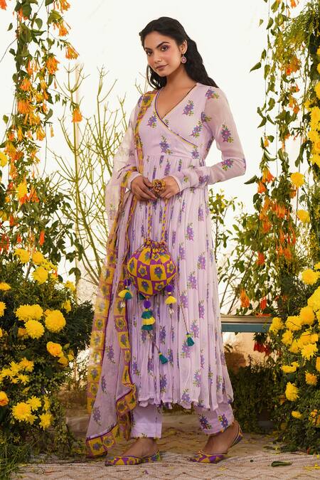 Baise Gaba_Purple Chiffon, Modal , Doriya Floral Ziba Print Anarkali Set_Online_at_Aza_Fashions