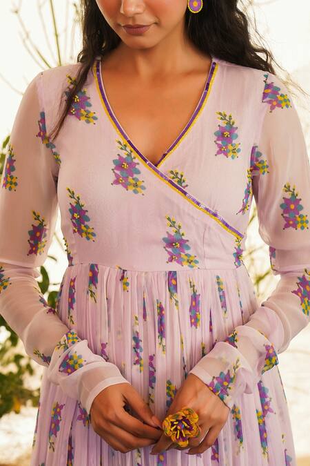 Shop_Baise Gaba_Purple Chiffon, Modal , Doriya Floral Ziba Print Anarkali Set_Online_at_Aza_Fashions