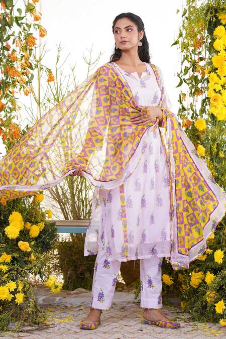 Baise Gaba_Purple , Modal, Kota Doriya Floral Zarra Printed Kurta And Pant Set_Online_at_Aza_Fashions