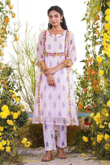 Shop_Baise Gaba_Purple , Modal, Kota Doriya Floral Zarra Printed Kurta And Pant Set_Online_at_Aza_Fashions