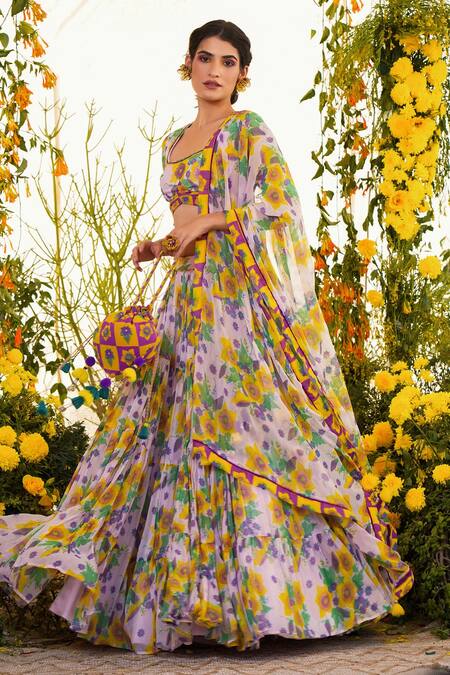 Baise Gaba_Purple Chiffon, Cotton Modal Floral Motifs U Neck Nargis Back Tie-up Blouse_Online_at_Aza_Fashions