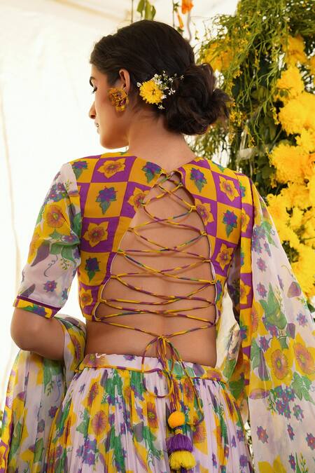 Shop_Baise Gaba_Purple Chiffon, Cotton Modal Floral Motifs U Neck Nargis Back Tie-up Blouse_Online_at_Aza_Fashions