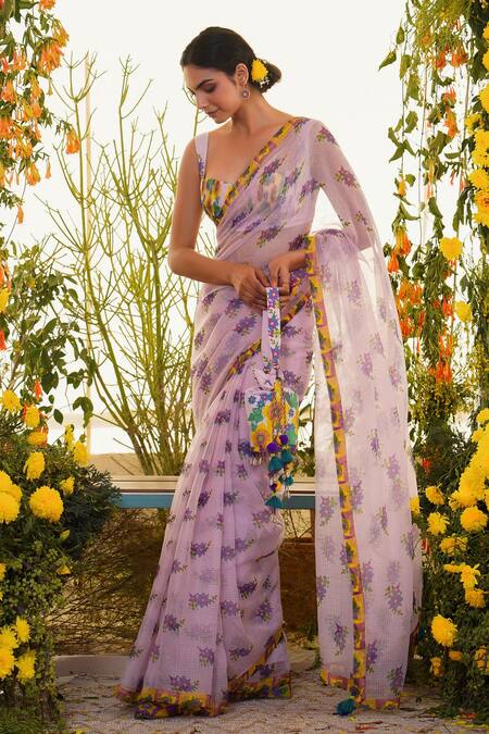 Baise Gaba_Purple Samaa Floral Print Saree_Online_at_Aza_Fashions