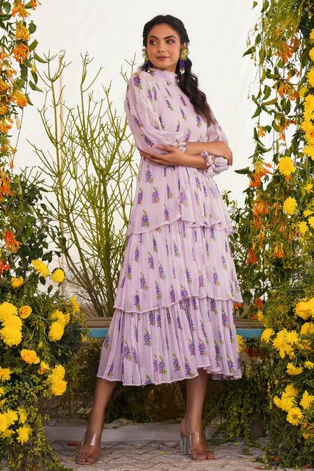 Baise Gaba_Purple Chiffon, Cotton Modal Floral Motifs Band Afsoon Tiered Printed Dress_Online_at_Aza_Fashions