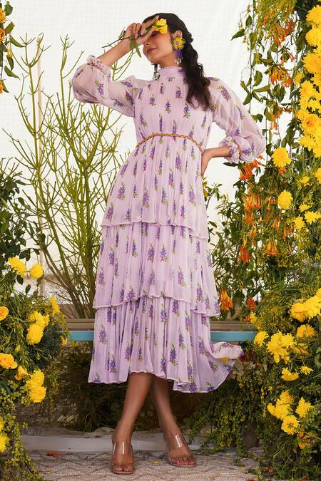Shop_Baise Gaba_Purple Chiffon, Cotton Modal Floral Motifs Band Afsoon Tiered Printed Dress_Online_at_Aza_Fashions
