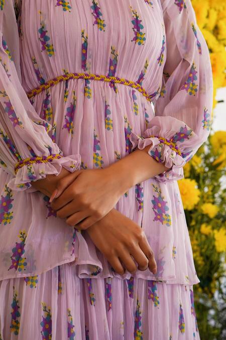 Baise Gaba_Purple Chiffon, Cotton Modal Floral Motifs Band Afsoon Tiered Printed Dress_at_Aza_Fashions