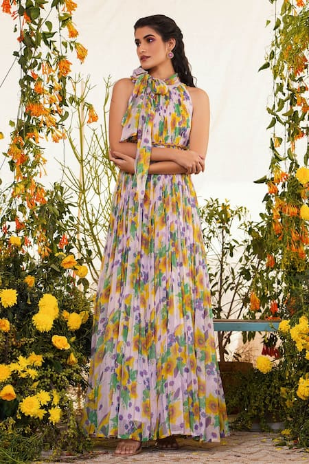 Baise Gaba Zard Floral Print Halter Neck Gown 