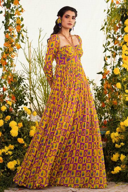Baise Gaba_Purple Chiffon, Cotton Modal Floral Motifs Sweetheart Neck Inaayat Print Gown_Online_at_Aza_Fashions